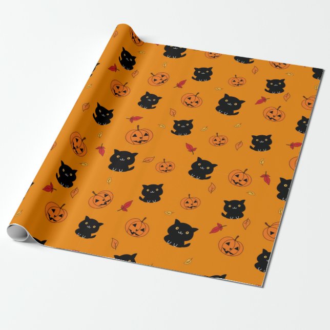 Papier Cadeau Chats Noirs Halloween Et Motif Citrouille (Déroulé)