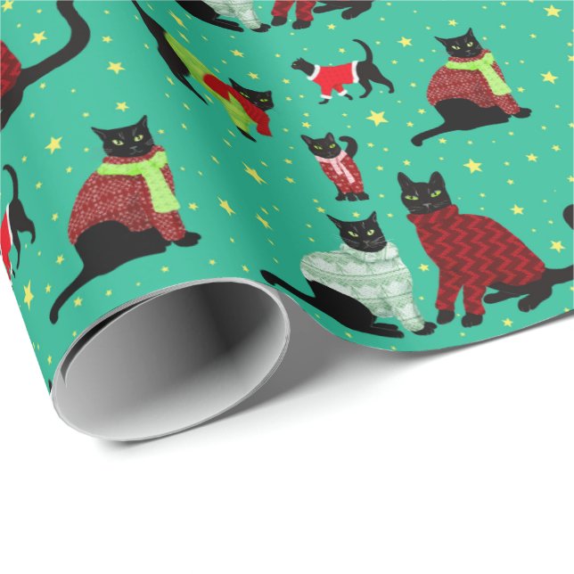 Papier Cadeau Chats noirs mignons en pulls de Noël (Coin rond)