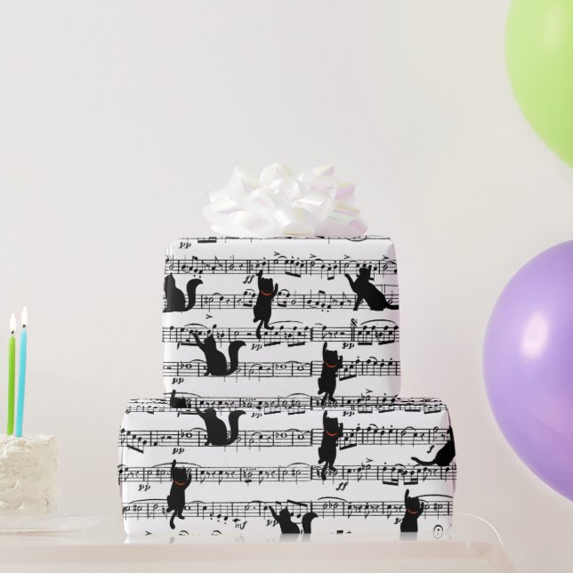 Papier Cadeau Chats noirs sur feuille de musique (Cadeaux de fête)