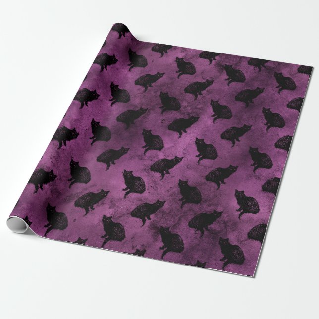 Papier Cadeau Chats noirs sur violet (Déroulé)