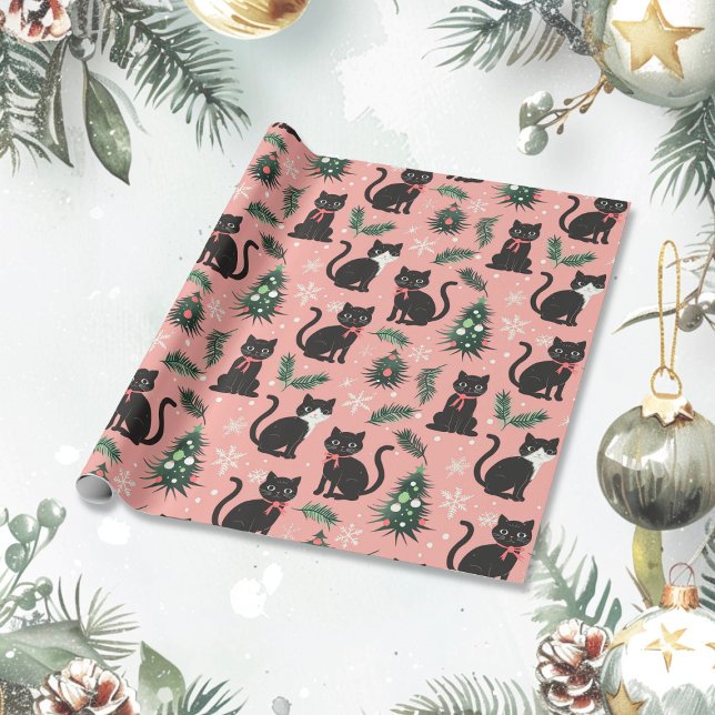 Papier Cadeau Chats rétro mignons à Noël rose (Cute Retro Cats on Pink Christmas Wrapping Paper roll)
