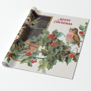 Papier Cadeau Chats saints vintages et Noël des oiseaux