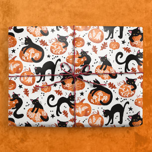 Papier Cadeau Chats sculptant des Citrouilles Jack-o'lanterne d'