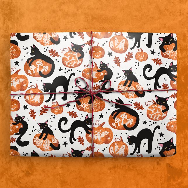 Papier Cadeau Chats sculptant des Citrouilles Jack-o'lanterne d' (Gift Mickup)