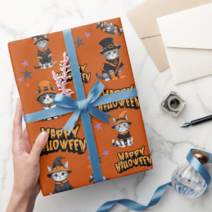 Papier Cadeau Chats sorciers à l'orange festive en déguisement d