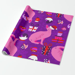 Papier Cadeau chats sphynx de Noël père Noël sphinx rose