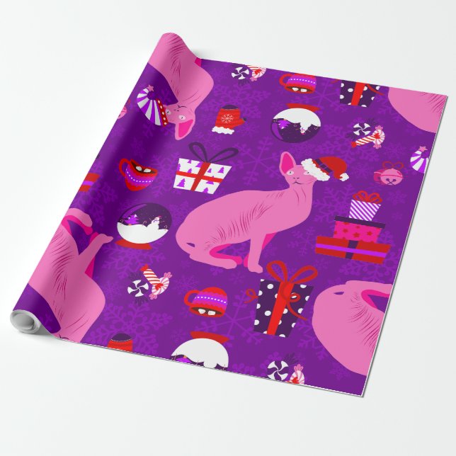 Papier Cadeau chats sphynx de Noël père Noël sphinx rose (Déroulé)