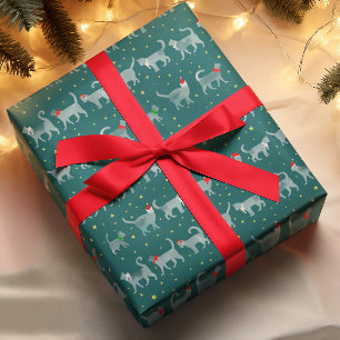 Papier Cadeau Chats Turquoises en Aquarelle à Santa Hats