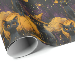 Papier Cadeau Chats vintages d'Halloween violet et orange les an