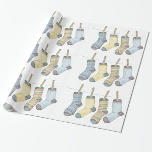 Papier Cadeau Chaussettes d'hiver accrochées à la ligne, aquar