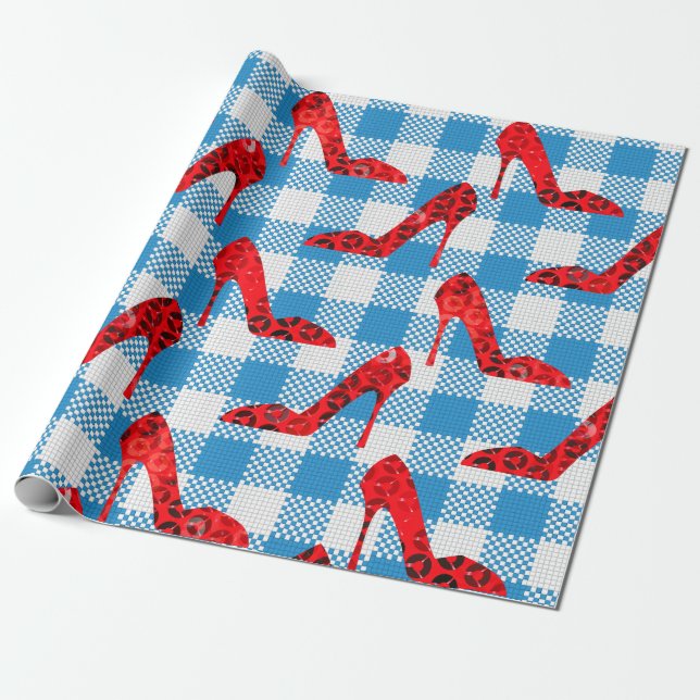 Papier Cadeau chaussons en vichy rubis bleu oz (Déroulé)