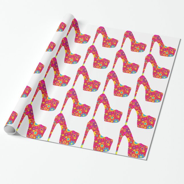 Papier Cadeau Chaussure de talon haut - pompe florale, rose (Déroulé)