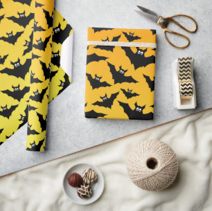 Papier Cadeau Chauve-souris noire orange motif Halloween
