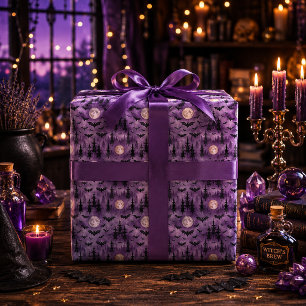 Papier Cadeau Chauves-souris effrayantes d'Halloween Forêt viole