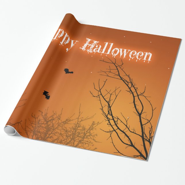 Papier Cadeau Chauves-souris et arbres d'Halloween (Déroulé)