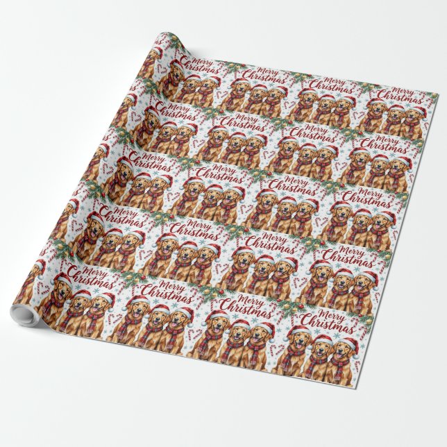 Papier Cadeau Cheerful Golden Retriever Dogs Merry Christmas (Déroulé)