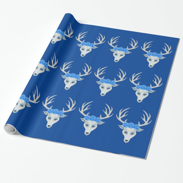 Papier Cadeau Chef d'Imaginaire White Deer Blue Roses Antlers (Déroulé)