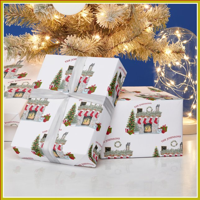 Papier Cadeau Cheminée de Noël joyeux Nom de famille (Créateur téléchargé)