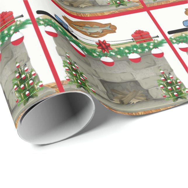 Papier Cadeau Cheminée de pêche Bobber Ornements Noël (Coin rond)