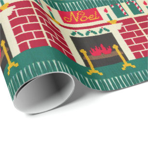 Papier Cadeau Cheminée Noel de Noël Rouge Vert Or Crochet