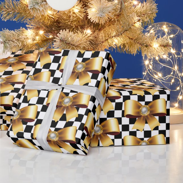 Papier Cadeau Chèques noir et blanc & Bow Pearl Gold (Vacances)
