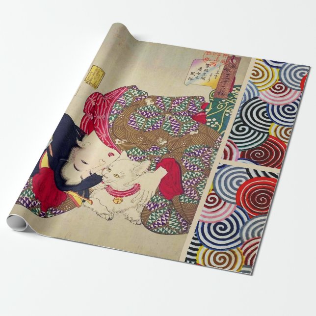 PAPIER CADEAU CHERCHANT LE TIRESOME, FEMME JAPONAISE AVEC CHAT B (Déroulé)