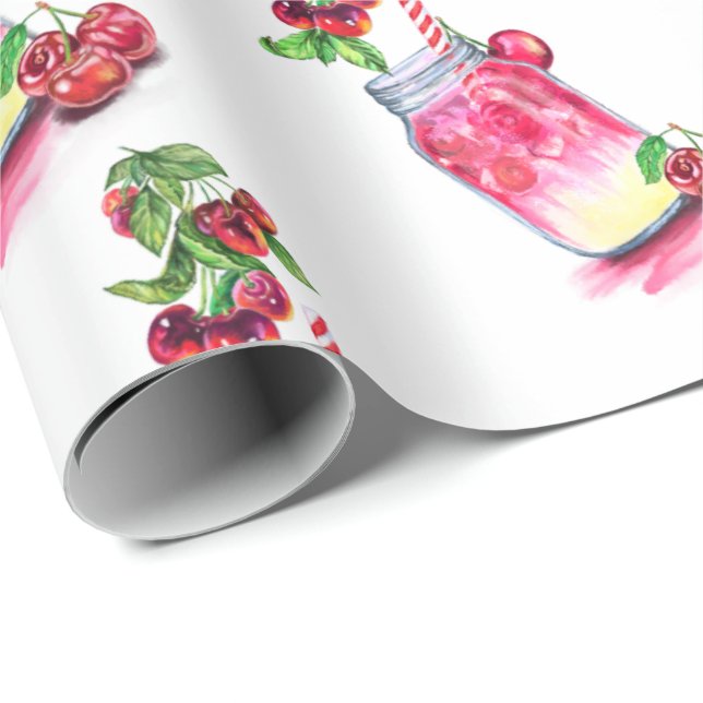 Papier Cadeau Cherry Cool Boire Fruits Papier d'enveloppement (Coin rond)