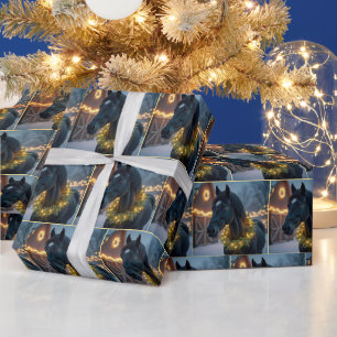 Papier Cadeau Cheval avec couronne de Noël éclairée