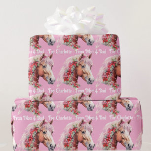 Papier Cadeau Cheval avec rubans de Noël Ajouter le nom de fille
