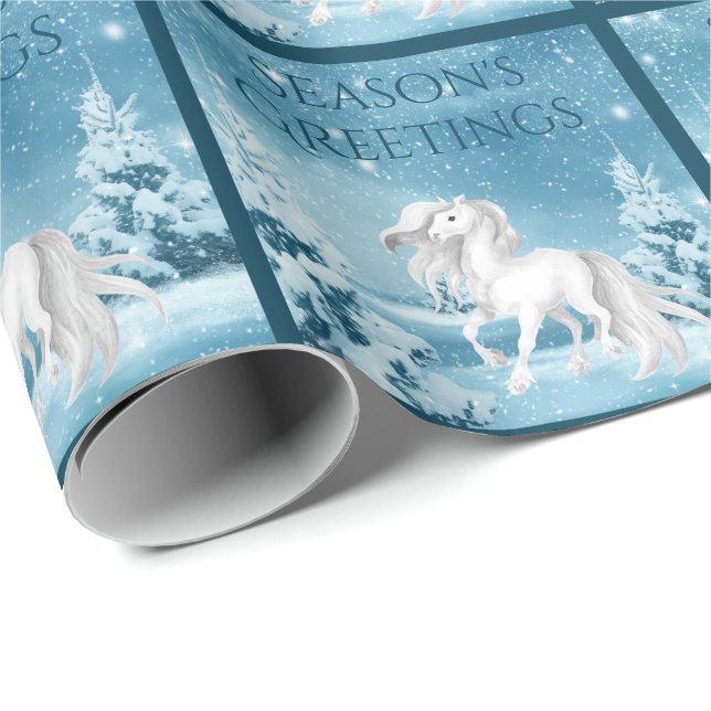 Papier Cadeau Cheval blanc Bonnes Fêtes d'hiver Noël (Coin rond)