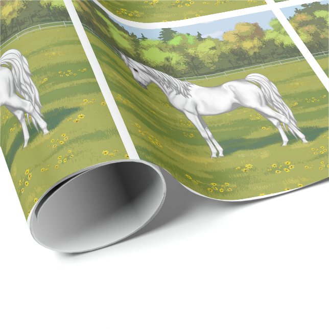 Papier Cadeau Cheval blanc égyptien arabe dans les pâturages d'é (Coin rond)