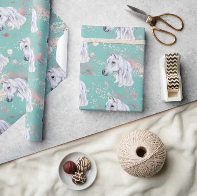 Papier Cadeau Cheval Blanc Rose fille d'anniversaire fille fille (Artisanat)