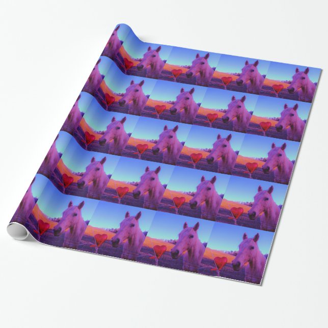 Papier Cadeau Cheval Brown et Coeur Rouge (Déroulé)