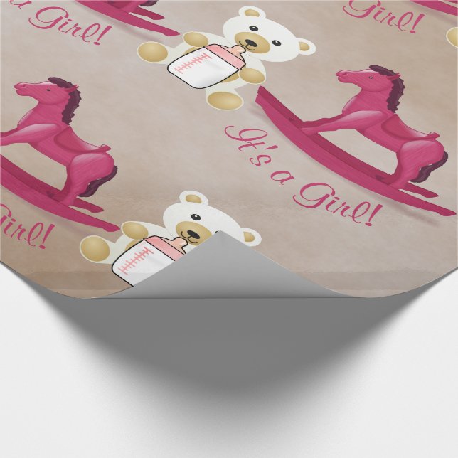 Papier Cadeau Cheval de basculage rose C'est UNE FILLE ! (Coin)