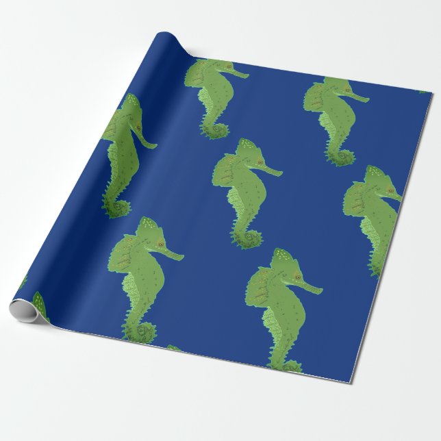 Papier Cadeau Cheval de mer, Chevaux de mer verts Papier d'envel (Déroulé)