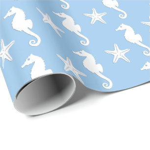 Papier Cadeau Cheval de mer et poisson d'eau - blanc sur bleu pâ