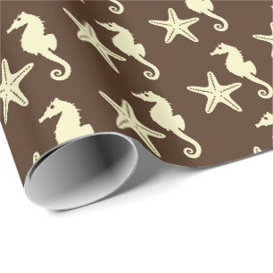 Papier Cadeau Cheval de mer et poisson d'eau - brun foncé et bei