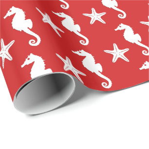 Papier Cadeau Cheval de mer et poisson d'eau - corail noir rouge
