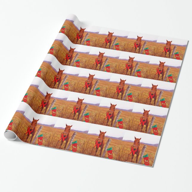 Papier Cadeau Cheval de Noël avec arc & bas (Déroulé)