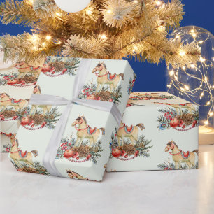 Papier Cadeau Cheval de Noël Vintage, Baies rouges, Décorations