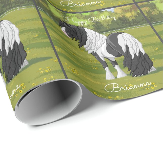Papier Cadeau Cheval d'équipage du Pinto noir Piebald Gypsy Vann (Coin rond)