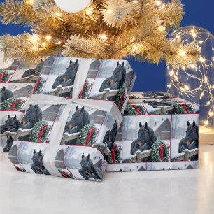 Papier Cadeau Cheval d'hiver avec couronne de Noël