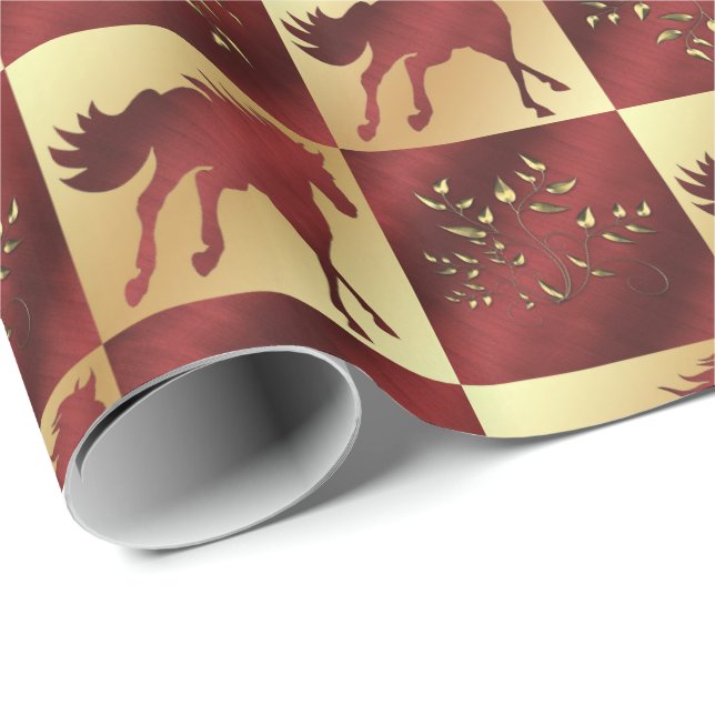 Papier Cadeau Cheval d'or et de vin avec Feuilles d'or (Coin rond)