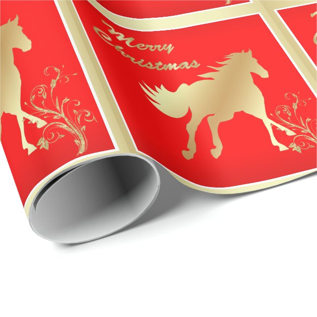 Papier Cadeau Cheval d'or sur le Joyeux Noël rouge (Coin rond)