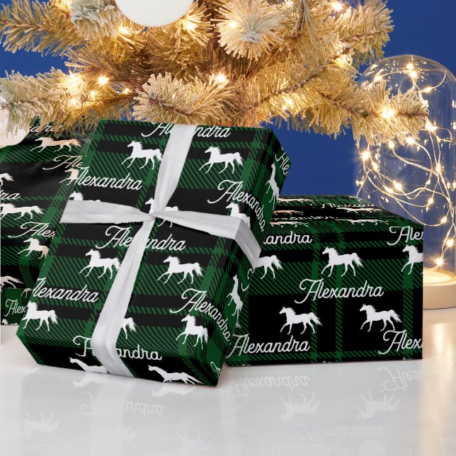Papier Cadeau Cheval équestre vert de Noël Personnalisé (Vacances)