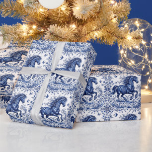 Papier Cadeau Cheval frison de style Delft Delftware dans un pré