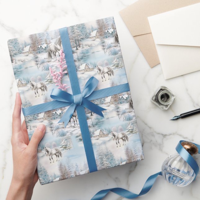 Papier Cadeau Cheval hiver motif paysage de forêt enneigée (Cadeaux)