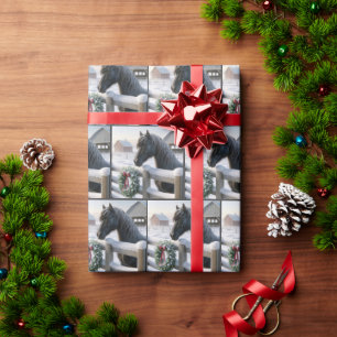 Papier Cadeau Cheval Noir avec couronne de Noël