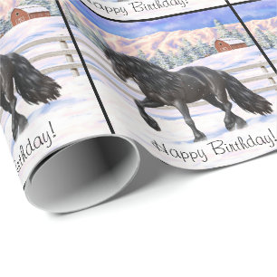 Papier Cadeau Cheval Noir Friésien En Neige
