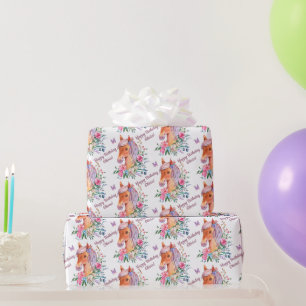 Papier Cadeau Cheval personnalisé avec fleurs filles anniversair